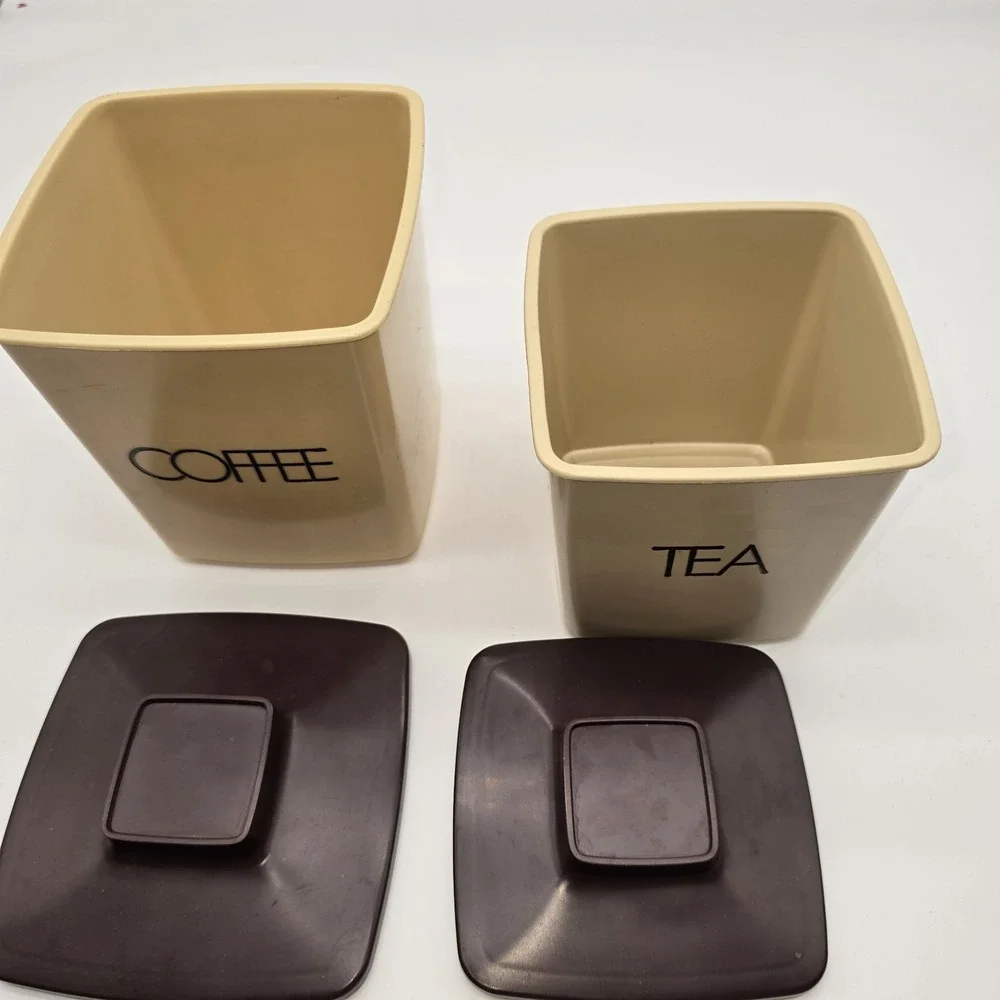 Vintage 70s 2 Piece Plastic Tan Brown‎ Canister Coffee Tea Only Kitchen Decor